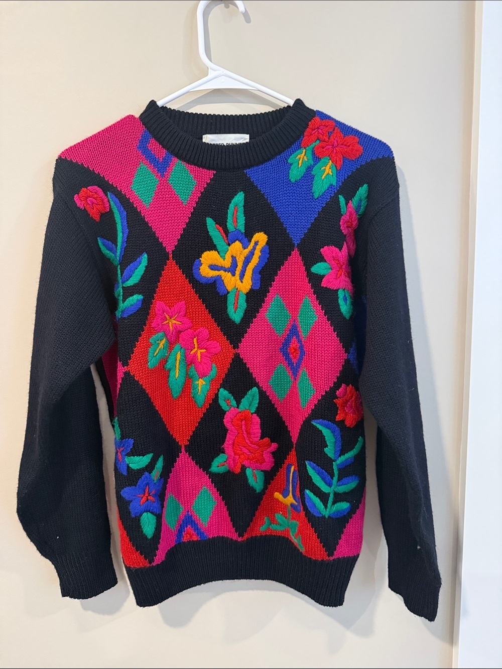 Alfred Dunner Black Sweater with Multicolor Floral Argyle